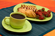breakfast and coffee on the table