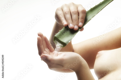 Photo: Naked woman holding aloe vera leaf, mid section Naked woman holding aloe vera leaf, mid section