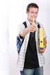 happy schoolboy on white background