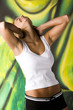 Blond woman in white shirt looking upwards