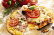 Fresh pizza, close-up, elevated view