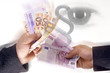 Two men holding euro note, eye watching, curruption