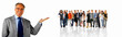 Mature businessman standing in front of large  group