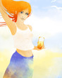 Red-haired woman holding a glass of juce
