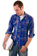 College student with books and laptop.