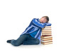 Teenager schoolboy with books on white background