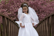 Portrait of little girl in communion dress and veil in spring