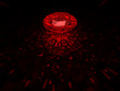 A sparkling red brilliant cut diamond on dark background