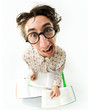 Frustrated student looking at camera with open mouth