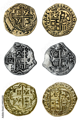 Photo: Doubloons and Reales, isolated. Doubloons and Reales, isolated.