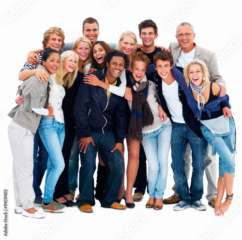 Group of happy friends against white background