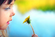 Cute girl with dandelion, focus on dandelion