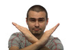 The man shows his crossed hands isolated The man shows his crossed hands isolated