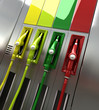 3D rendering of four brightly colored gas pumps 2