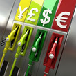 3D rendering of gas pumps with currency symbols