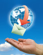 hands with world mail delivery in clouds background