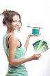 smiling woman with can, brush and palette smiling woman with can, brush and palette