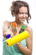woman with yellow roll and brushes woman with yellow roll and brushes