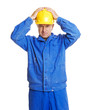 worker with hands on his hardhat. isolated on white