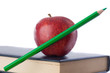 A red apple with green pencil on top of many books isolated