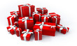 pile of red gift boxes with white ribbons. pile of red gift boxes with white ribbons.