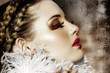 Victorian fashion woman with braids, white feathers