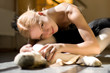 young ballerina is relaxing in class room