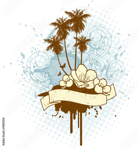 Vector: tropical island insignia with banner for your text tropical island insignia with banner for your text