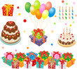 Celebration elements: gift box, baloon, cake, candles Celebration elements: gift box, baloon, cake, candles