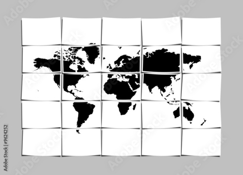 Illustration: World Map Concept of Separated Note Papers Abstract Background World Map Concept of Separated Note Papers Abstract Background