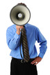 Businessman using megaphone isplated over a white background