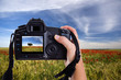 hand holding digital photo camera and taking landscape photo