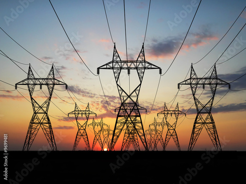 Illustration: 3D Electric powerlines over sunrise 3D Electric powerlines over sunrise