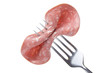 Sausage on a fork on a white background