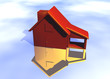 Red House Model on Blue-Sky Background with Reflection