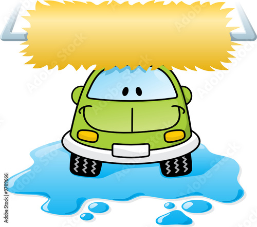 Cartoon car washing with roller brush and water splash