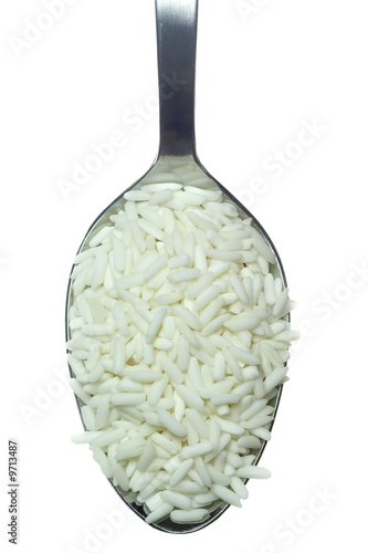Photo: Spoonful of glutinous rice isolated on white background.. Spoonful of glutinous rice isolated on white background..
