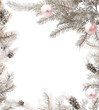 Silver Christmas tree branches with baubles forming a frame