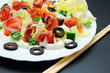 salmon salad on white plate