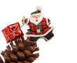 Christmas santa with gift box over a pine cone