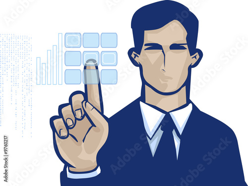 Illustration: business man pushing touch screen access button business man pushing touch screen access button