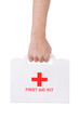 Hand holding a first aid kit isolated on white background.