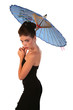 Beautiful Young Woman in Black Dress with Blue Umbrella