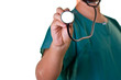 A doctor with a stethoscope in his hand in white background