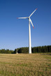 Wind turbine against blue sky with the forest in background
