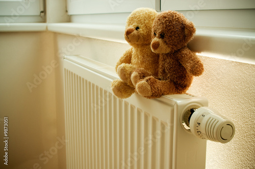 Photo: Two teddy bears on top of the heater or thermoregulator. Two teddy bears on top of the heater or thermoregulator.
