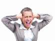 Closeup portrait of a business woman stressed isolated Closeup portrait of a business woman stressed isolated
