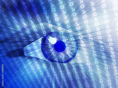 Illustration: Electronic eye with glowing energy effects, digital illustration Electronic eye with glowing energy effects, digital illustration