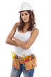 Pretty girl with helmet and belt of tools isolation