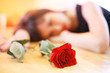 Photo: Lonely young woman with red rose. Shallow DOF, focus on flower. Lonely young woman with red rose. Shallow DOF, focus on flower.